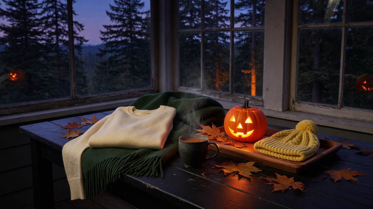 Cream sweater, green throw, steaming cider, a glowing jack-o-lantern, and a yellow kids hat on a dark porch table at dusk