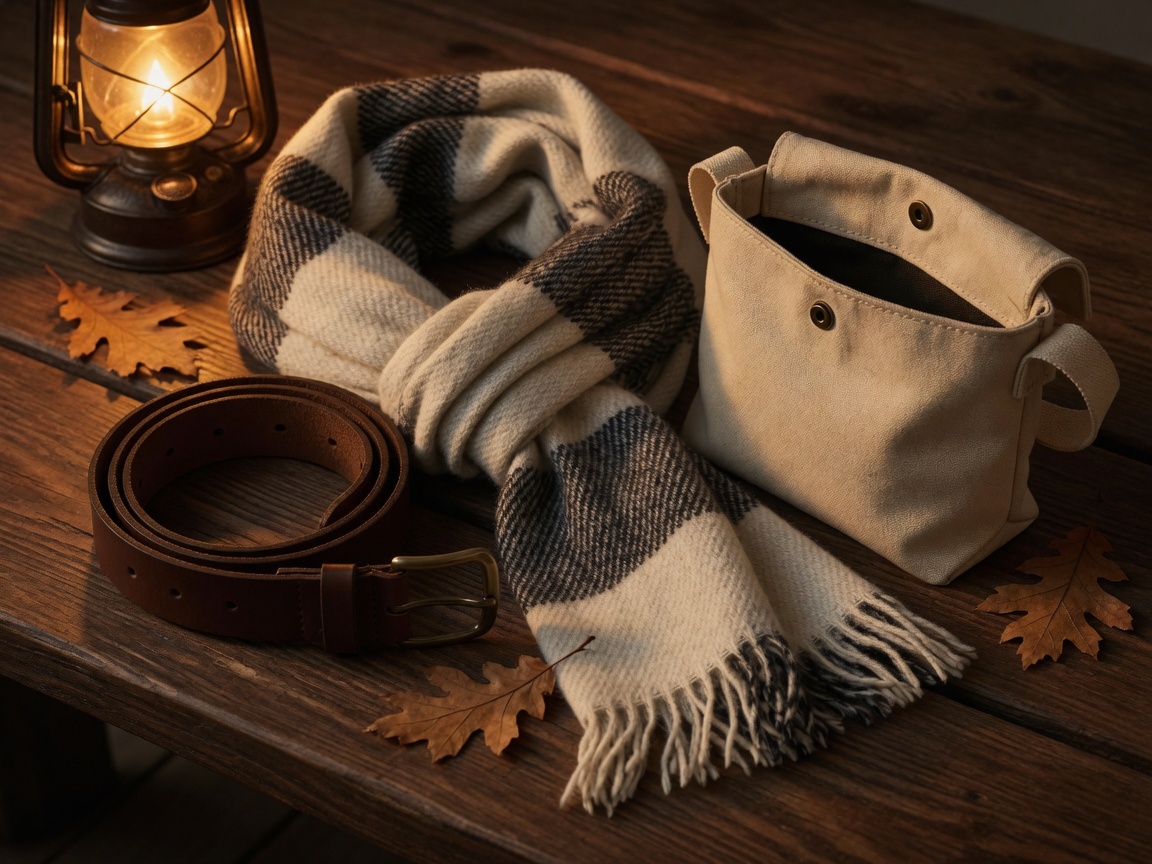 Leather belt, wool scarf, and canvas pouch