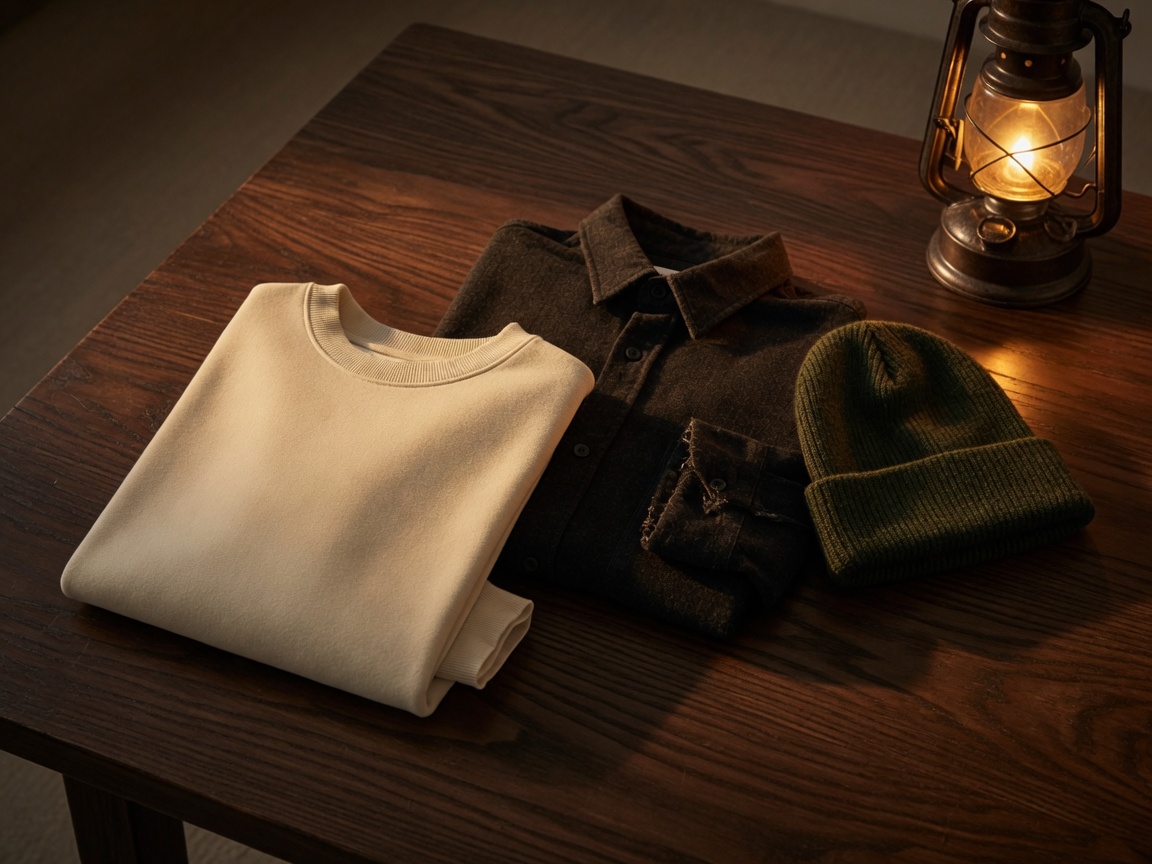 Folded cream and charcoal apparel stack