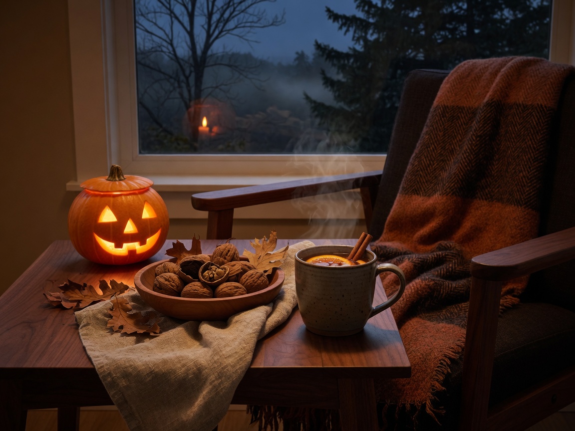 Steaming cider, linen, walnuts, wool throw, and a glowing jack-o-lantern by a dusk window