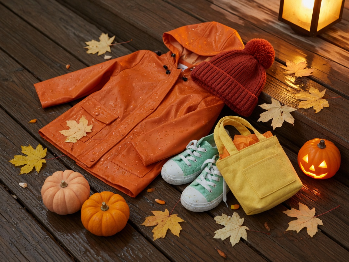 Kids raincoat, beanie, sneakers, and tote with pumpkins on a porch