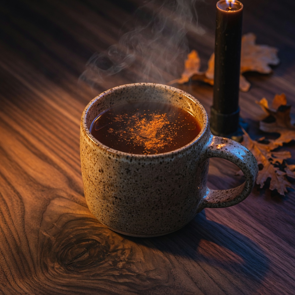 Handmade stoneware mug of steaming cider